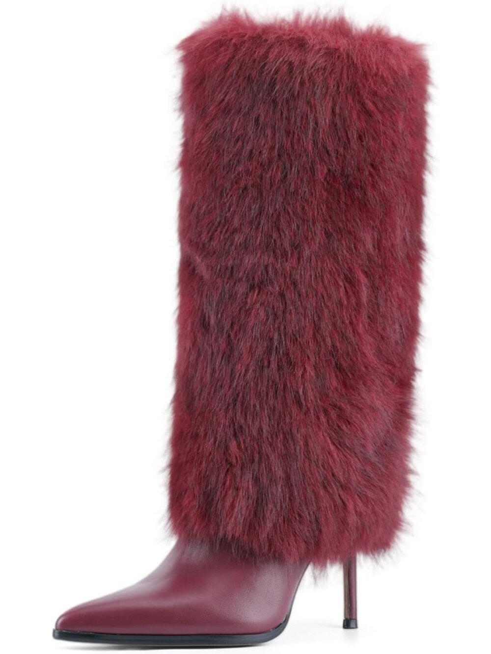 Women's Burgundy Fur Knee High Boots Pointed Toe Stiletto Heel Winter Tall Boots